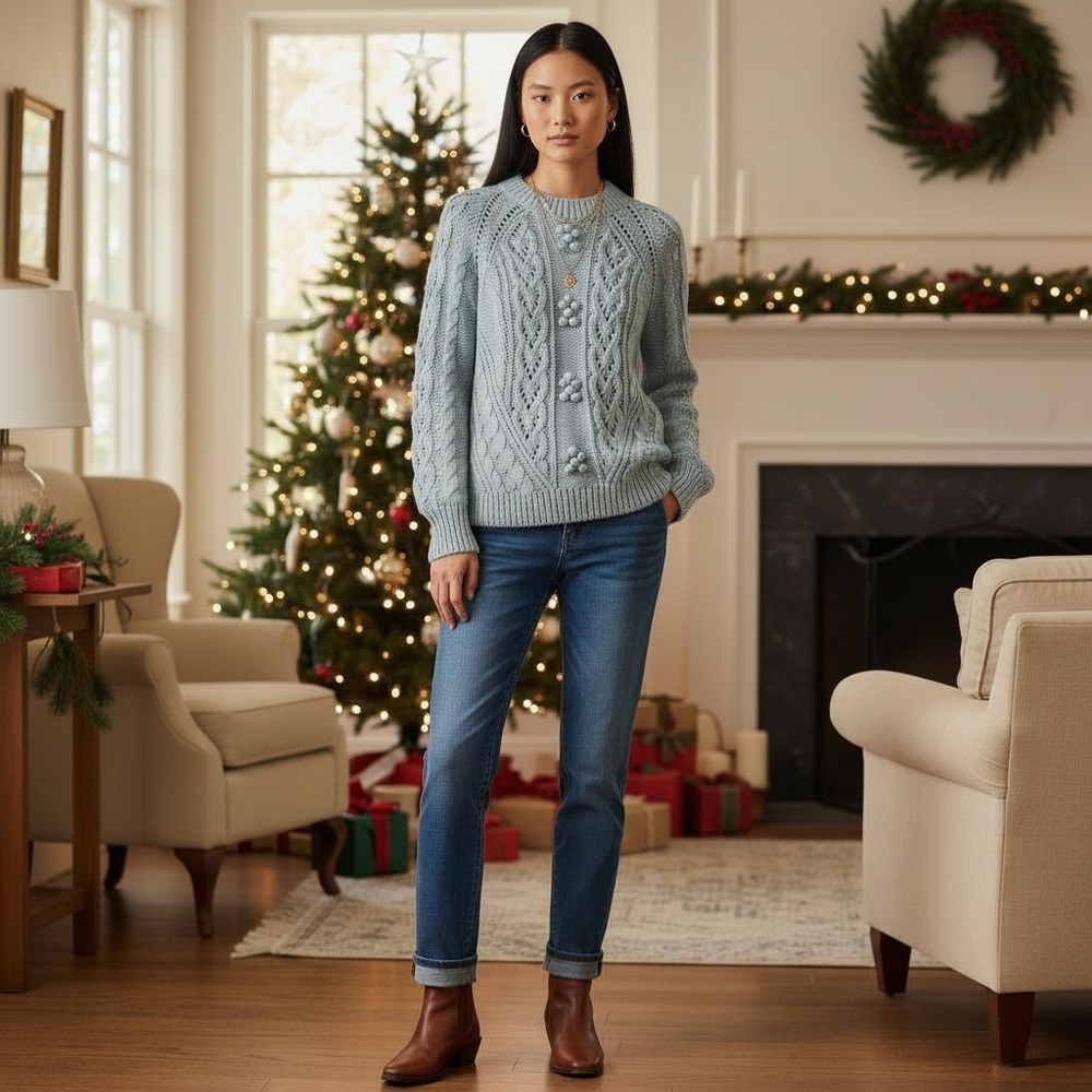 J.Crew Cable-Knit Pointelle Sweater with Popcorn Flowers | Mint | Size M